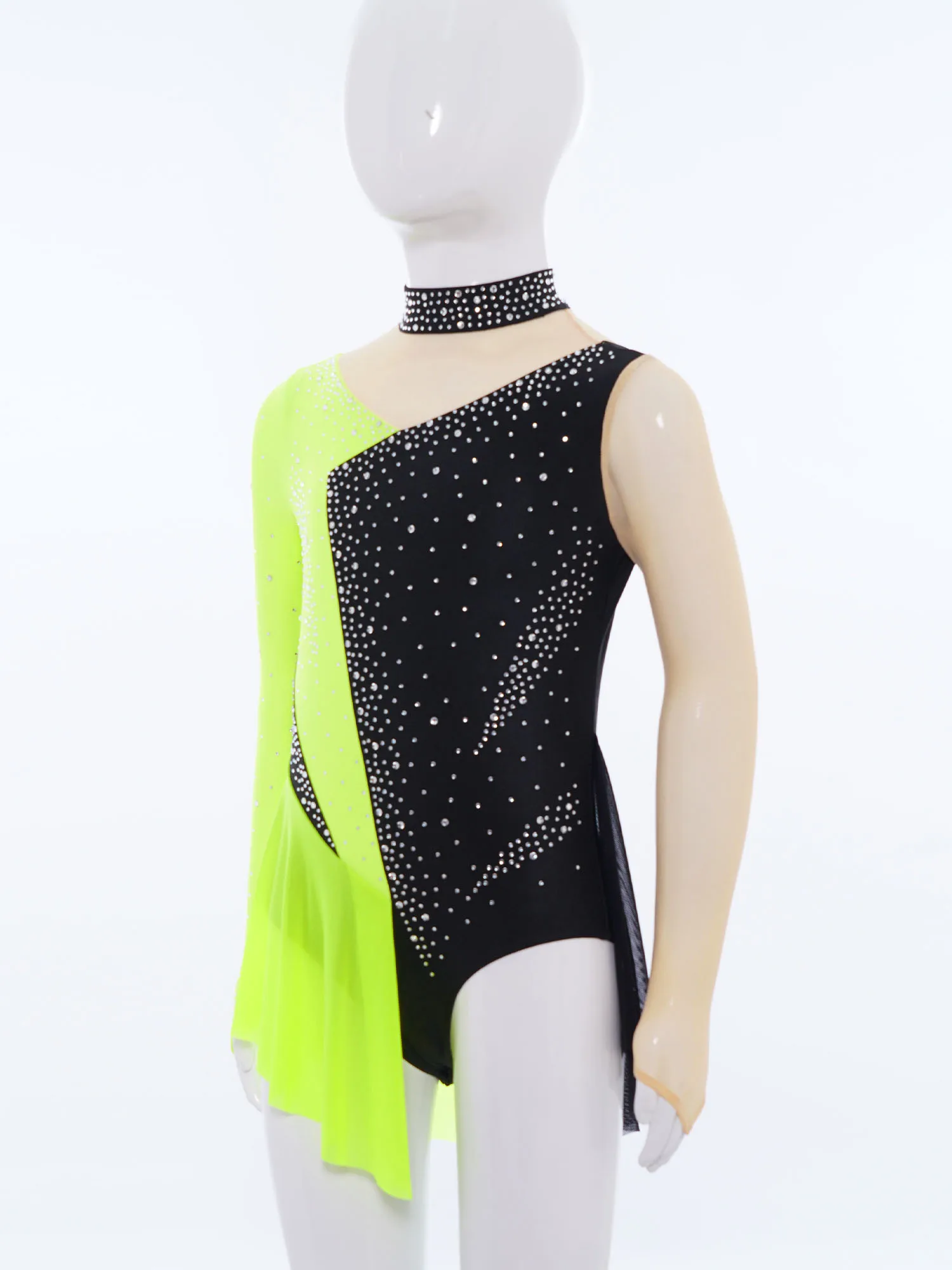 Kids Girls Figure Skating Dress Long Sleeve Rhinestone Sheer Mesh Gymnastics Bodysuit Lyrical Dance Ballet Acrobatics Leotard