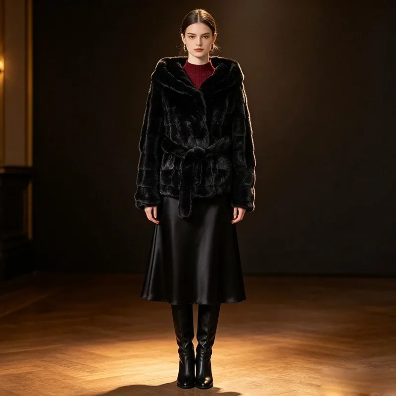 Belt with Hat A Mid-length Fur One-piece Plush Coat .a Hooded Fur Coat, New Versatile Winter Fashion Style. Elegant Stylish Top.