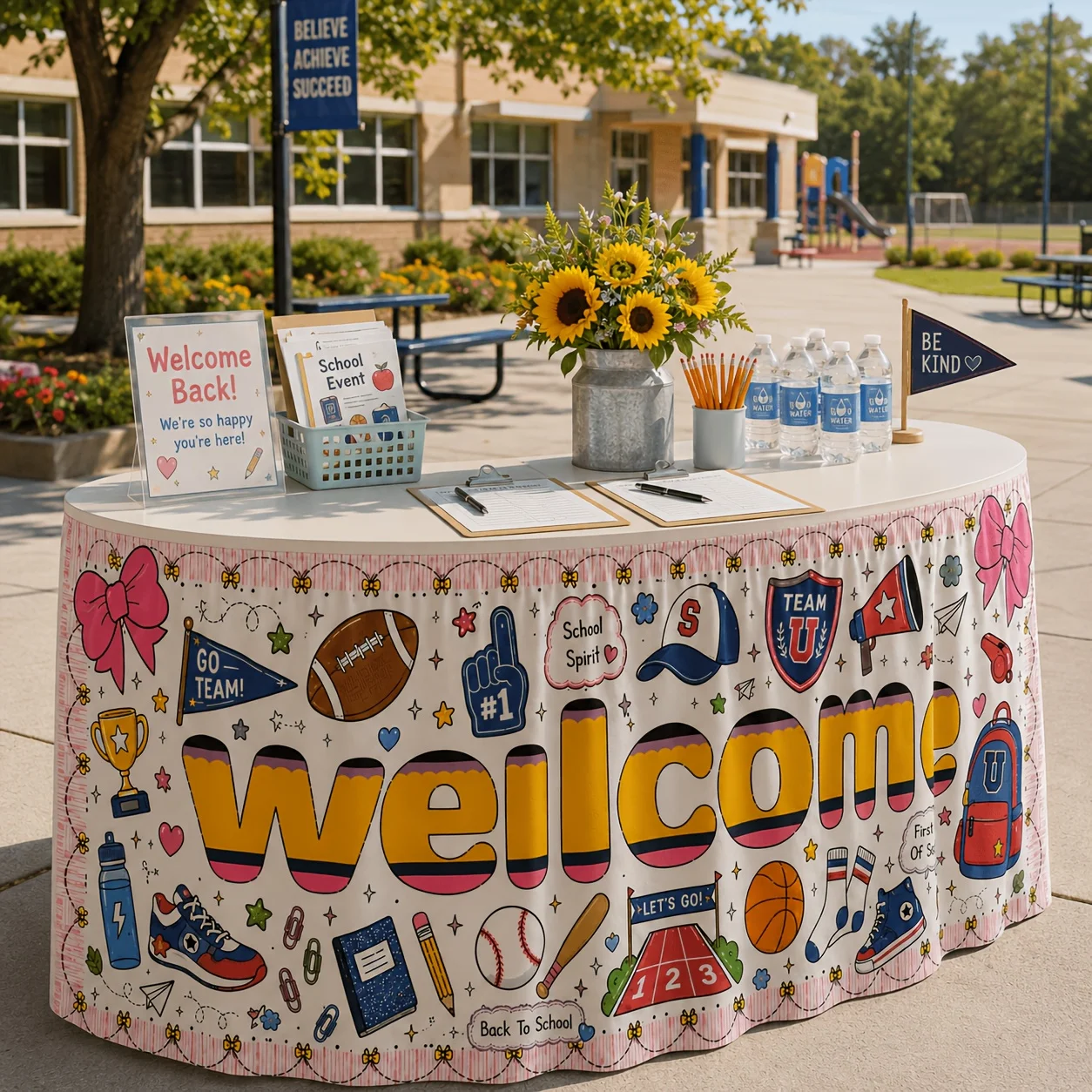 Tablecloth, table skirt 1 piece, polyester table skirt, school spirit design, sports ball trophy, sports shoes