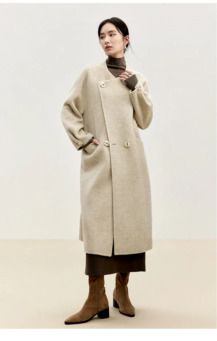 SENTUBILA High Quality 100% Wool Coat Women Winter 2024 Double Side O Neck Double Breasted Simple Straight Long Coat W44O56014