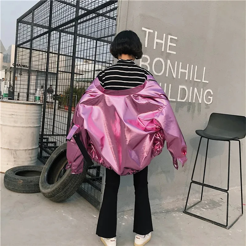 Flash Sale 2018 Autumn Women Street Loose Metal Color Silver Pink Stand Neck Coat Punk Party Fashion Jacket Limited Supply