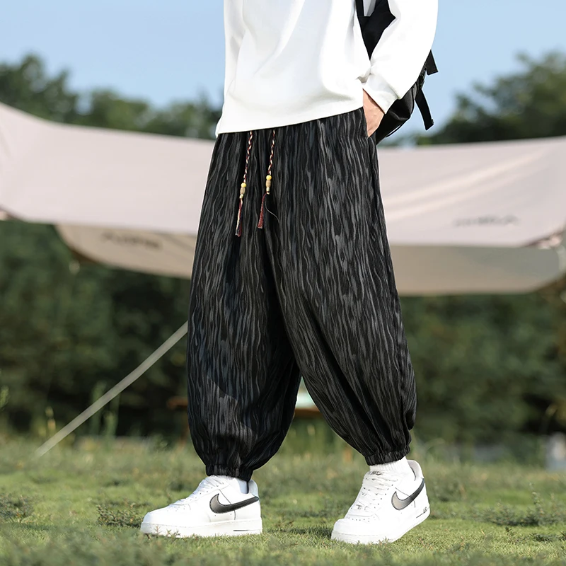 

M-XXXXXL Plus Size Men Baggy Elastic Waist with Drawstring Boho Hippy Stripe Long Trousers Casual Streetwear Harem Pants 5XL 4XL