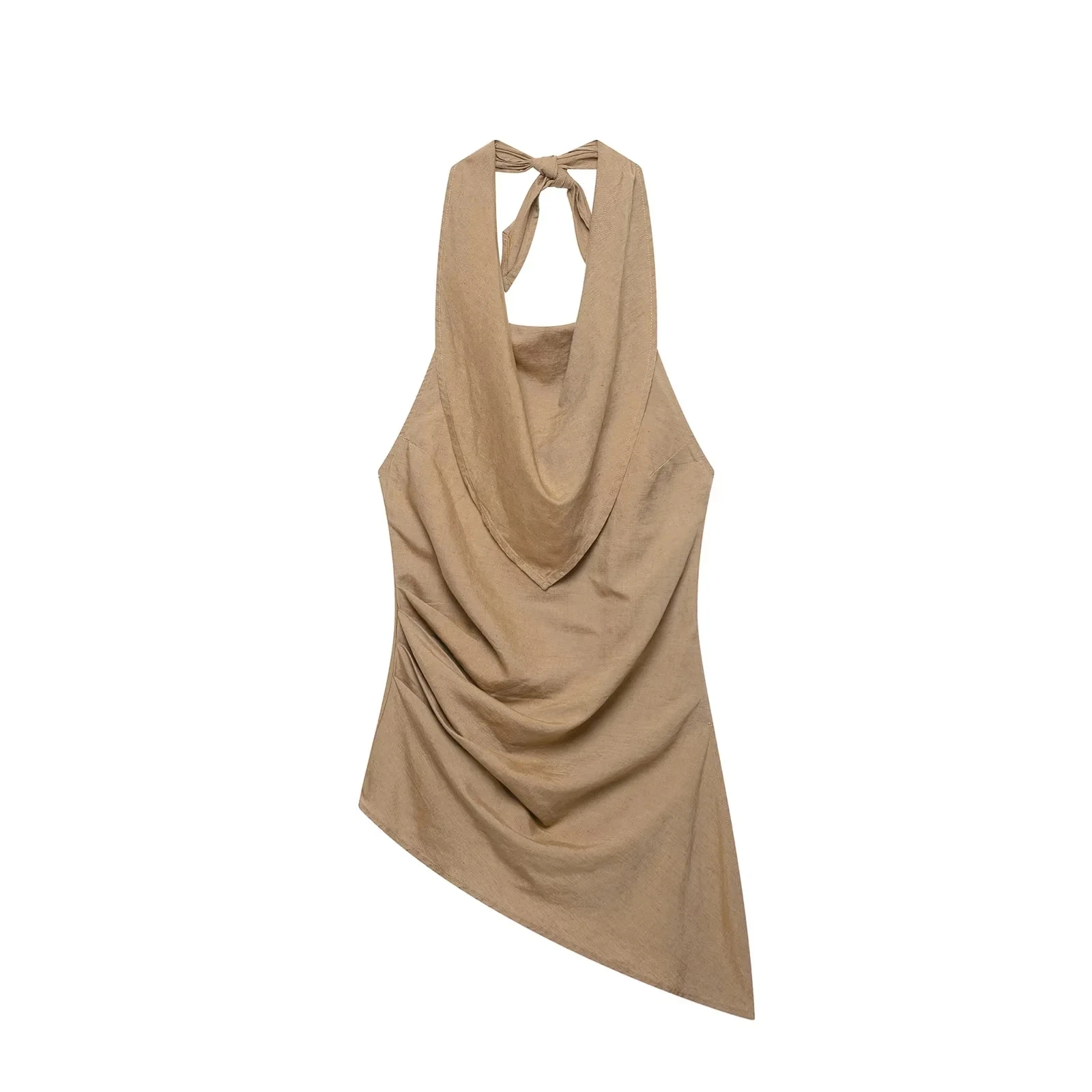 KONDALA Vintage Khaki Einfarbiger Damenanzug, Neckholder Ärmellos Rückenfrei Plissiert Schmal Geschnittene Weste, Weite Hose, Modische Elegante Sets für Herbst 2026 – Detail 4
