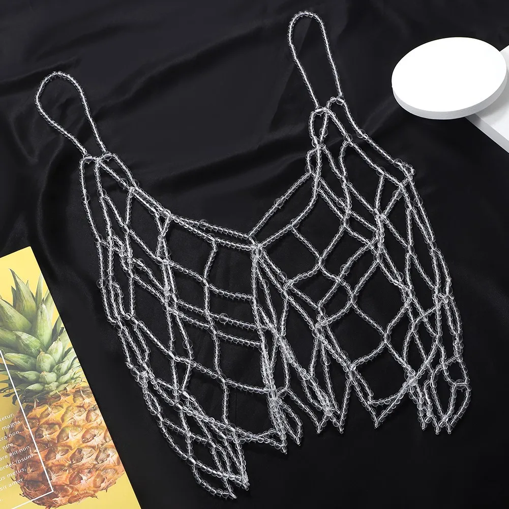 Dvacaman Handmade Braided Hollow Out Chest Chain Faux Pearls/ Faux Crystal Beads Body Chain Decor Lingerie Decoration Chain