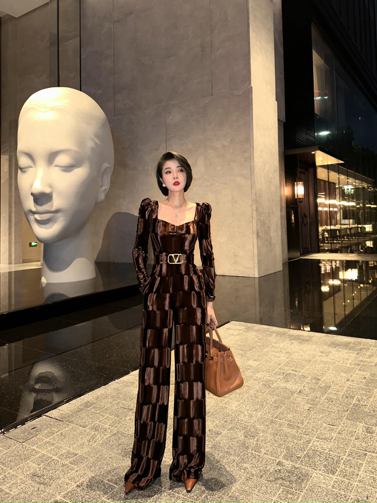 

Ele Women's Velvet Texture Plaid Slimming Long Sve Heart Ne-Piece Pants High Waist Wide Leg Pants Faionable