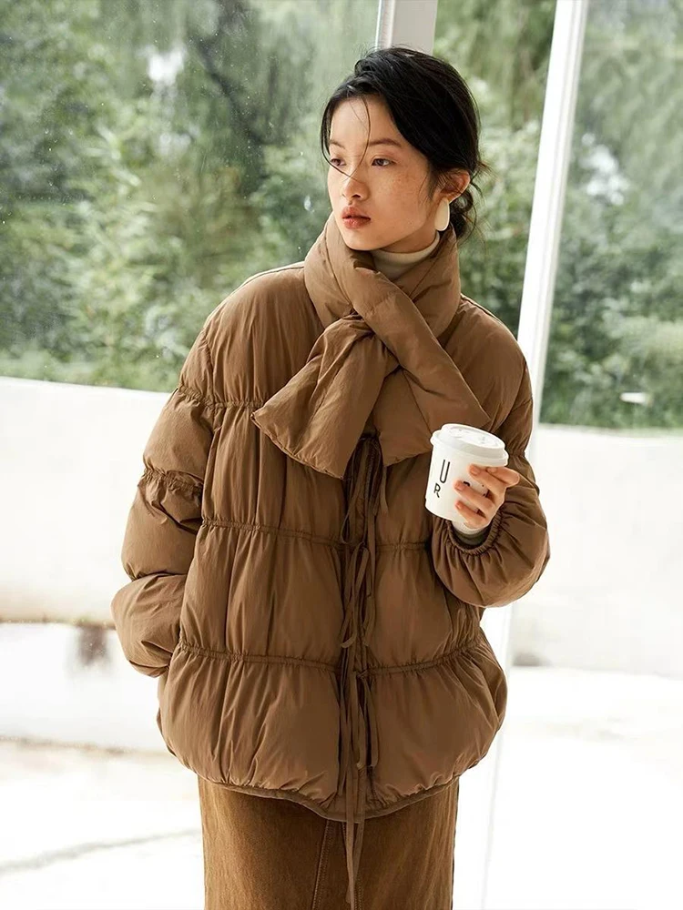 

Winter Short with Scarf Lace Up Down Jacket Women White Duck Down Solid Drawstring Down Jacket Female Thick Warm Parker Outwears