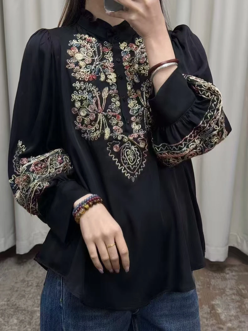 

High-End Spring/Summer New Fashionable Color Line Embroidered O-Neck Elegant Lantern Sleeves Loose Silk Women's Shirt S-XL