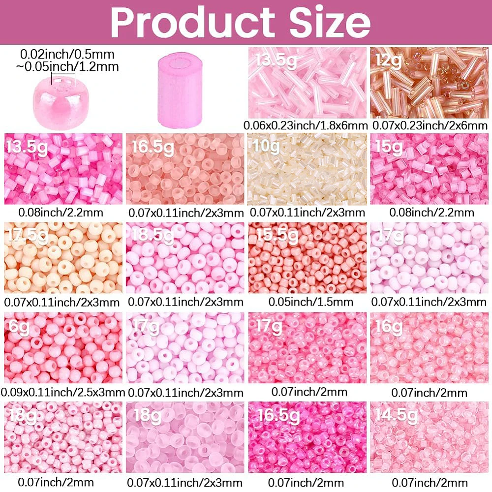 1 Box 354g Pink Glass Seed Beads Kits Mini Round Tube Tiny Transparent Opaque Loose Spacer Bead Charms Findings Bulk for Jeweley