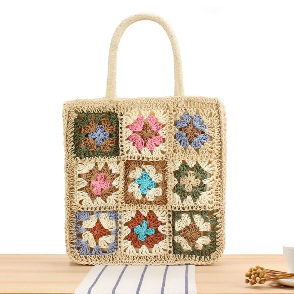 

Large Capacity Bohemian Hand-knitted Bag Splicing Crochet Flower Woven Straw Handbag Handmade Crossbody