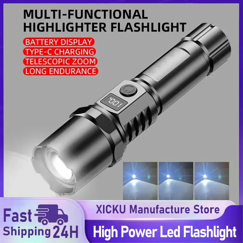 

High Power Led Flashlight Rechargeable Retractable Flashlight Digital Zoom Usb Hand Light For Camping Outdoor And Emerge