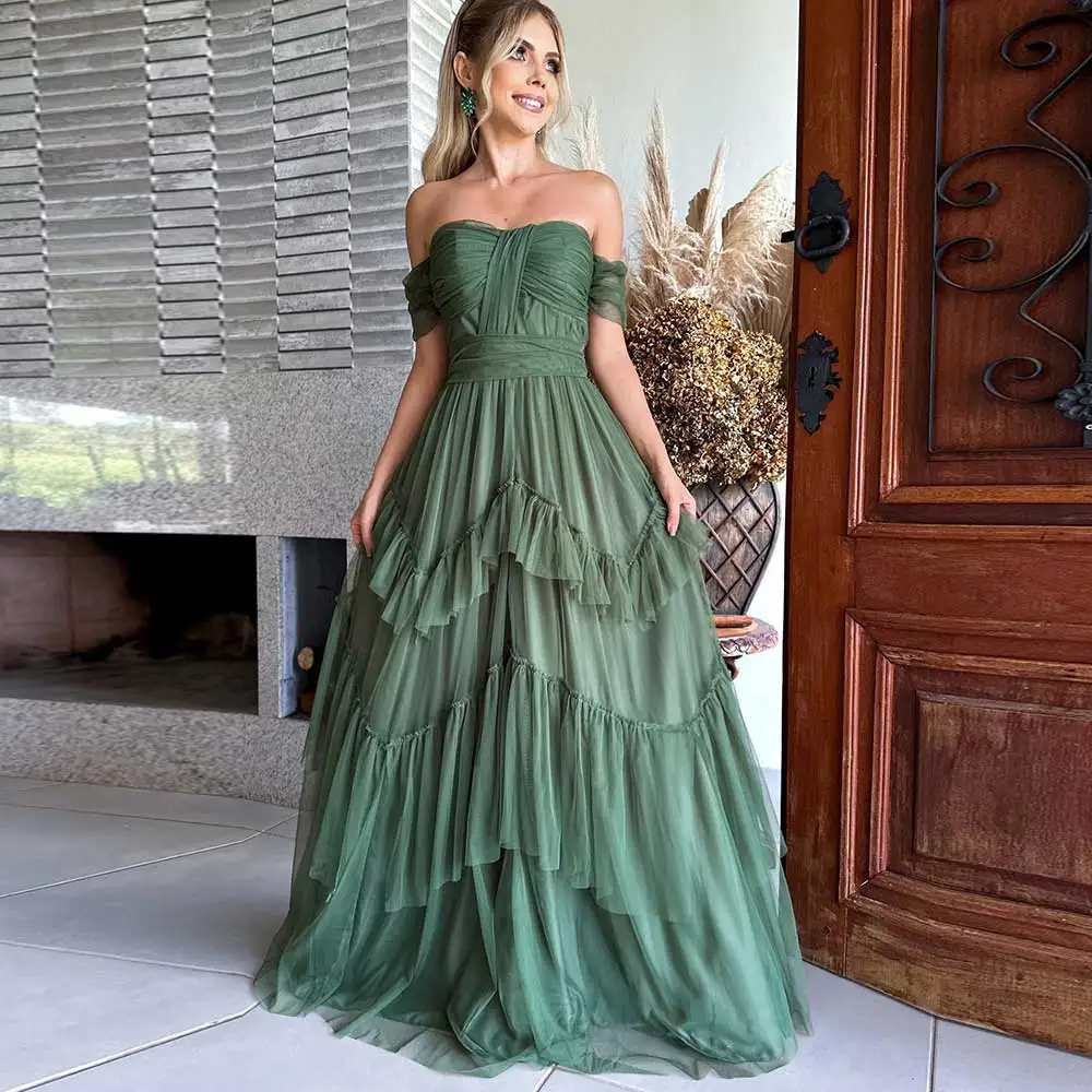 

Gorgeous A-Line Evening Dress Tulle Off The Shoulder Tiered Women's Ruffle Backless Solid Temperament Brush Train Prom Gown