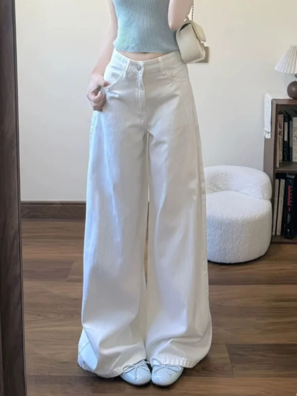 ホワイト ハイウエスト ストレートレッグ ジーンズ レディース カジュアル 多用途 着痩せ ルーズ ワイドレッグ 小さいサイズ フロアレングス パンツ
