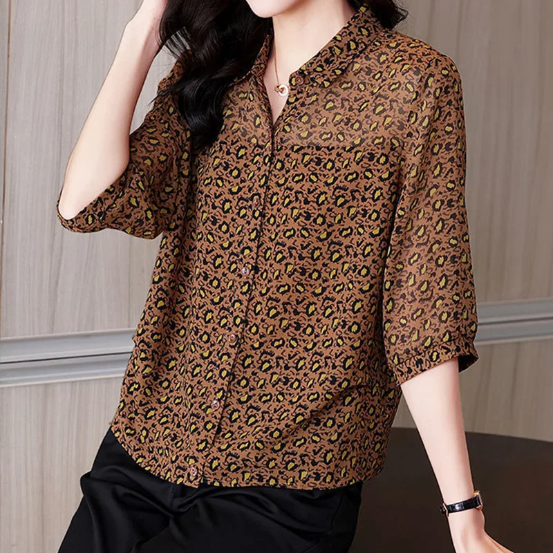 Elegant Fashion Casual Button Floral Leopard Printing Shirt Summer Autumn 2023 Polo-Neck Half Sleeve Loose Tops Women\'s Clothing