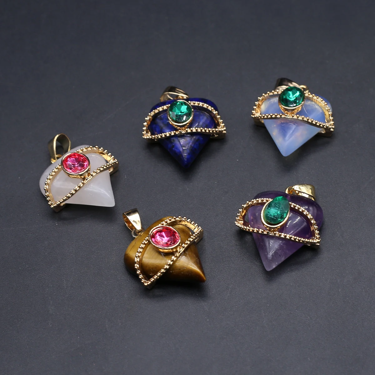 6PCS Fashion Heart Shaped Semi Precious Stone Inlaid Rhinestone Devil's Eye Pendant with Exquisite Jewelry DIY Accessories