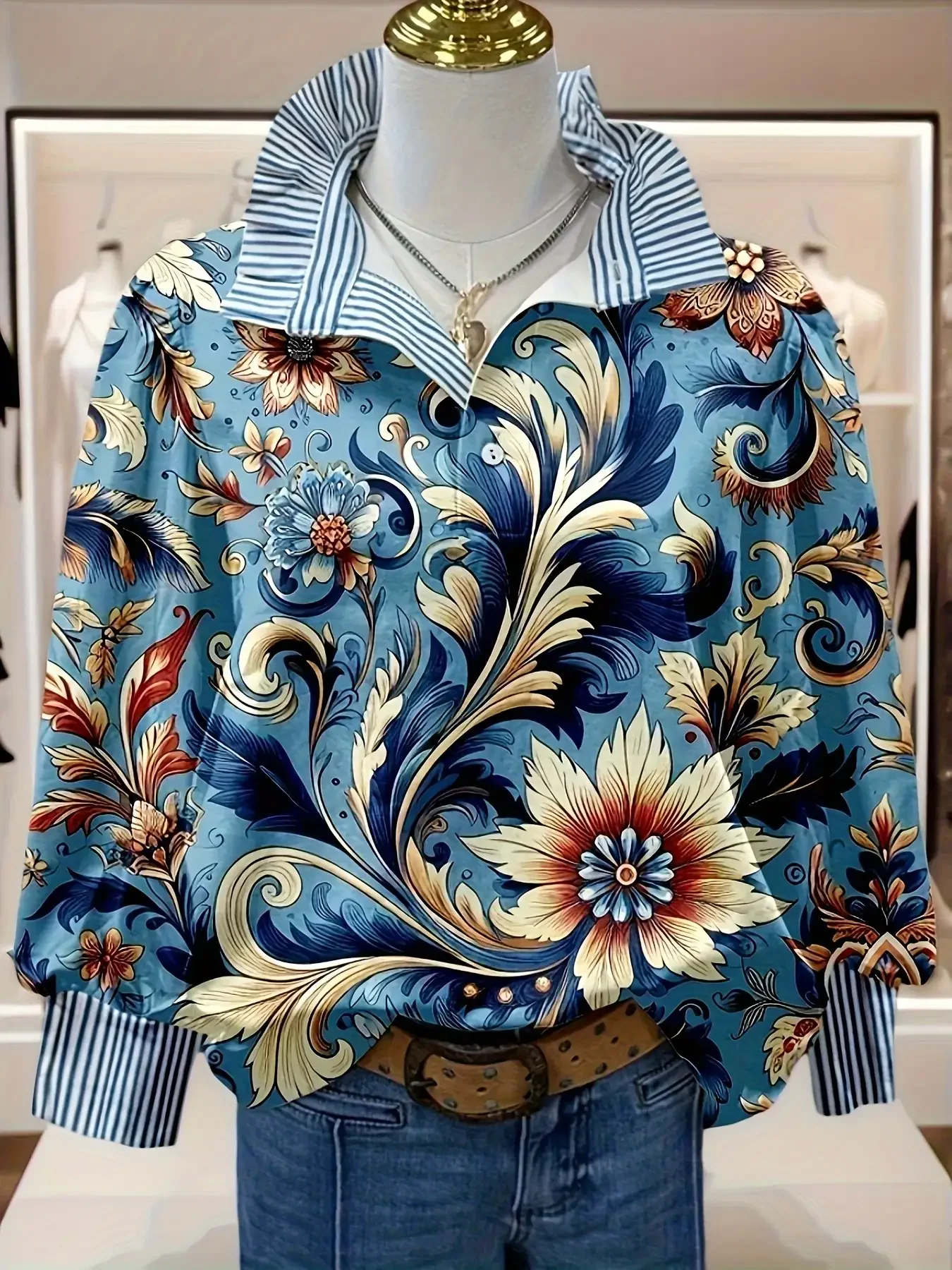 

2026 Women's striped shirt with multi-color striped collar and Design inspired patterned clothing