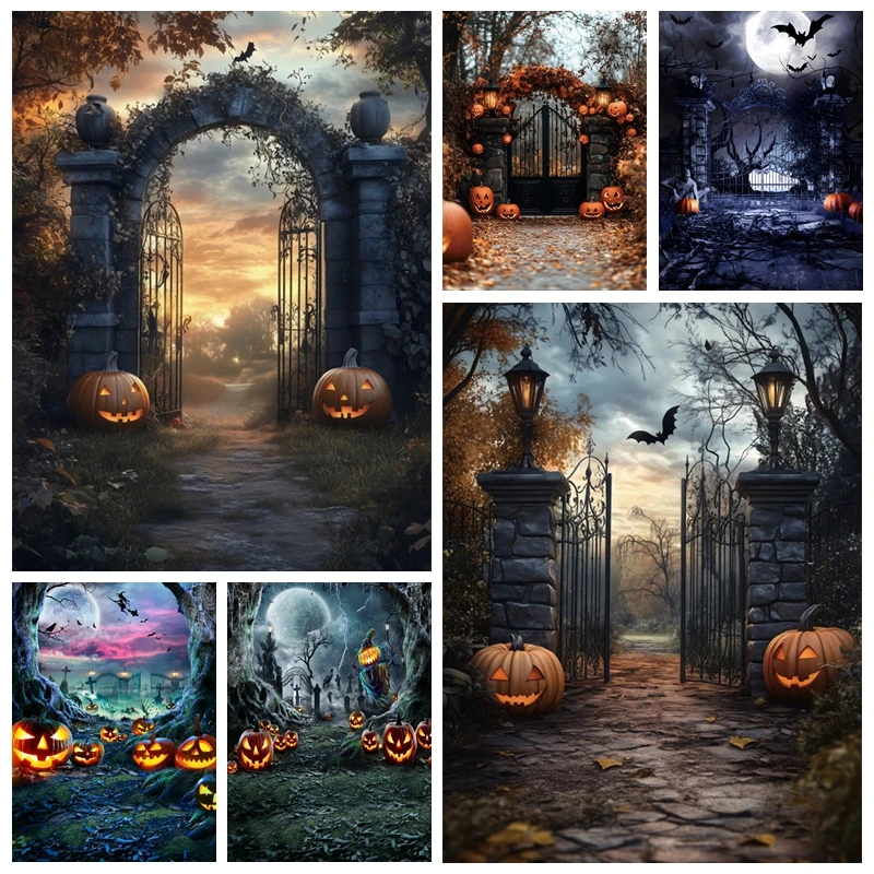 

Halloween Backdrop for Photography Horror Castle Cemetery Gravestones Ghost Bat Witch Pumpkin Baby Photo Photographic Background
