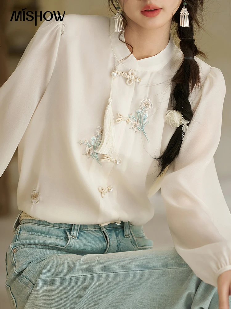 MISHOW Chinese Sweet Tassel Stand Collar Shirt for Women Spring 2024 Flower Embroidery Concentric Knot Buckle Shirts MXD14C0228