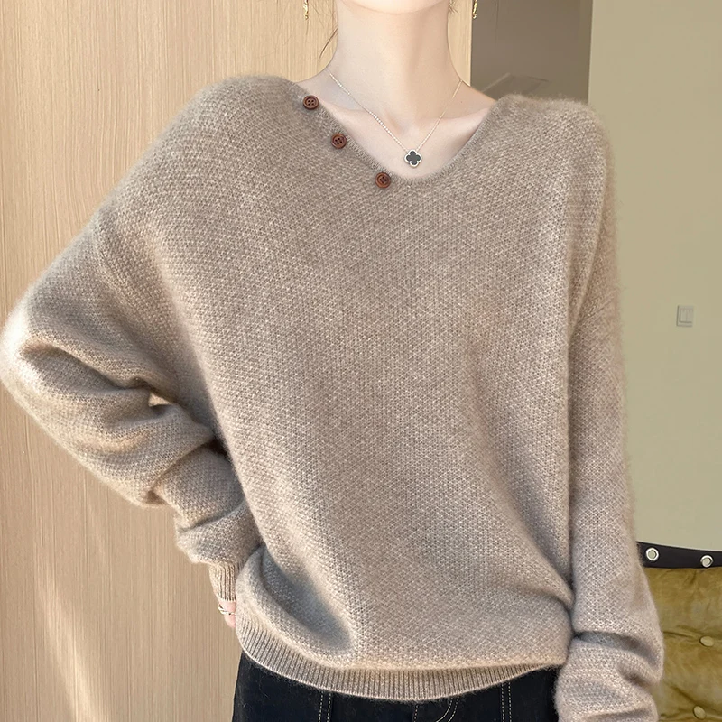 

100% Merino wool sweater Women's Plus size V-neck pullover Loose knit bottom shirt Long sleeve threaded cashmere top