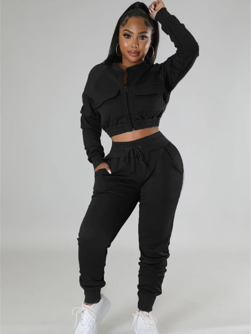 Fashion Two Piece Set for Women Tracksuit Autumn Winter Clothing Zip Jacket Crop Top Long Pants Suit Casual 2-Piece Matching Set