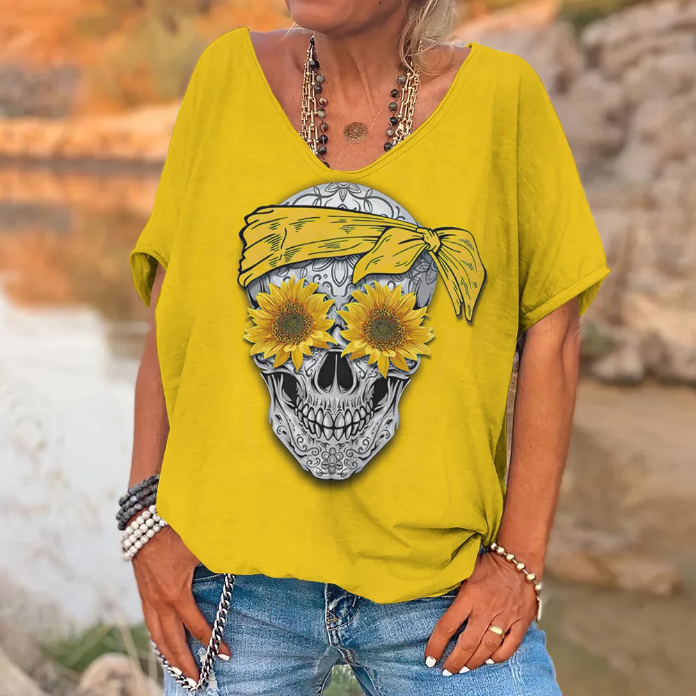 Skull Women\'s T-Shirt 3d Print Fashion Characters Top Tee T-Shirt Harajuku Casual Short Sleeve V-Neck Oversized Female Clothing