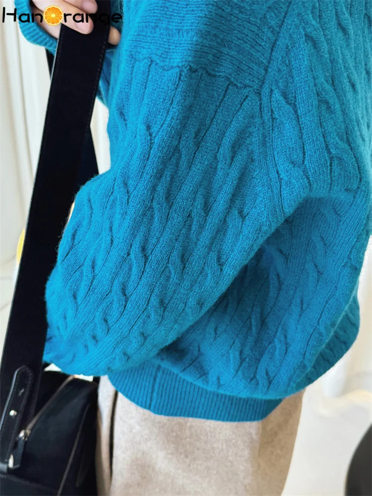 HanOrange 2025 Early Spring Lazy Twisted Flower Knitted 100% Wool Sweater Women Loose Comfortable Top Grey/Sea Blue