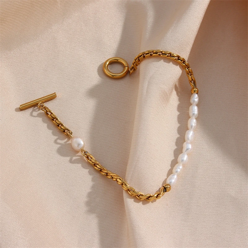 316L Stainless Steel New Fashion Fine Jewelry OT Shaped Buckle Asymmetric Irregular Shaped Pearl Charm Chain Bracelets For Women