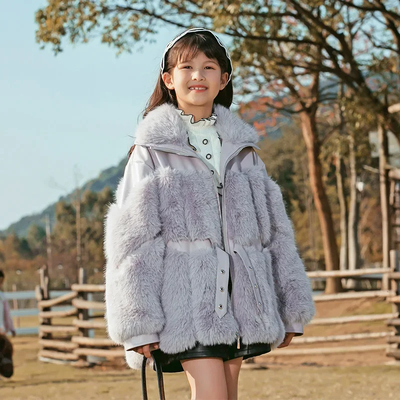 

Girls Winter Fur One Coat 2024 Winter Kids Plus Cotton Thickened Simple Casual Fashion Purple Coat Korean Simple Style