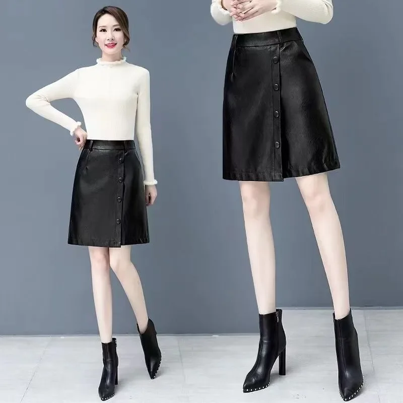 Pu Leather Women Winter Skirt Autumn Winter 2025 New High Waist Outside Wearing Boot Pants Broad Leg Fake Two-piece Set Fashion