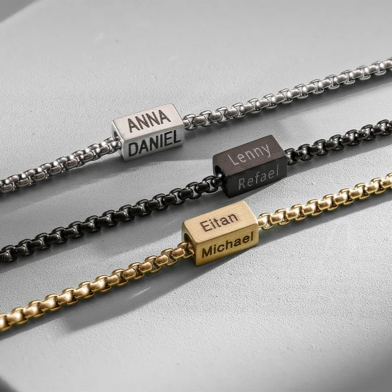 Custom Name Engraved With Box Chain Bracelet Stainless Steel Geometric Square TubeBracelet For Men Wrist Bracelet Gift to Dad
