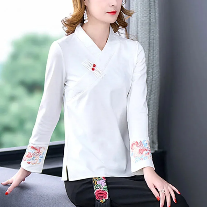 Spring Autumn Casual Shirt 2024 New Chinoiserie V-Neck Coil Buckle Women's Clothes Pullover Blouse Fashion Embroidery Top Female