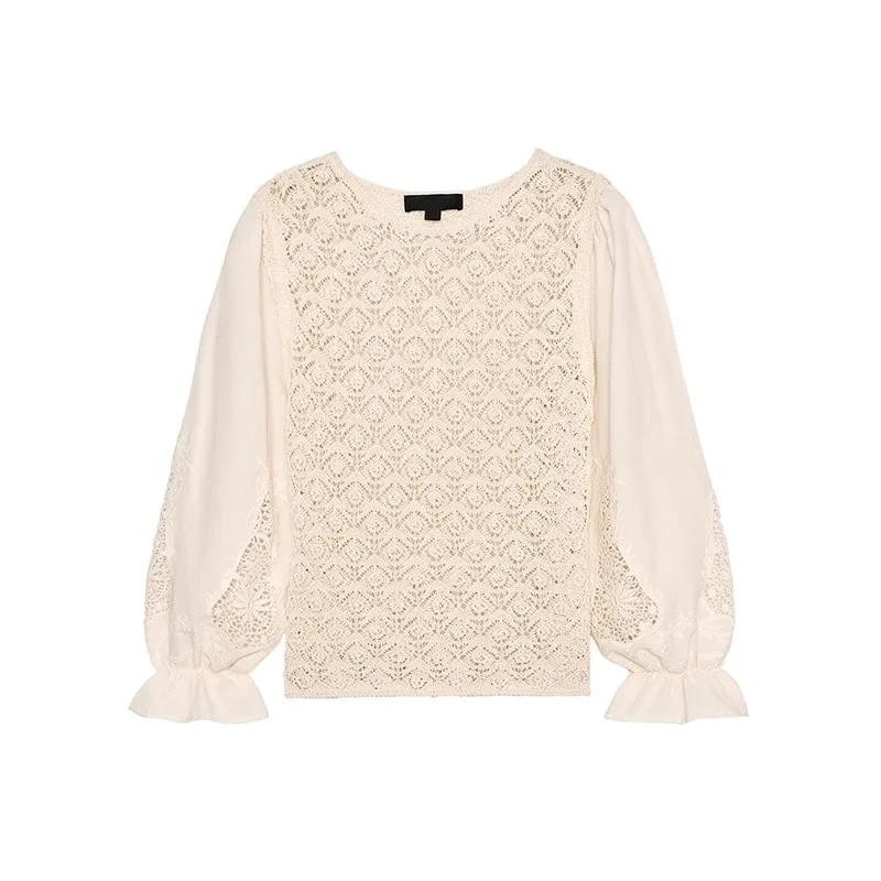 

Summer New Women's Knitted Floral Embroidery round Ne Splicing Me Top Loose Fit Long Sve Cleanfit Sle Ladies Faion