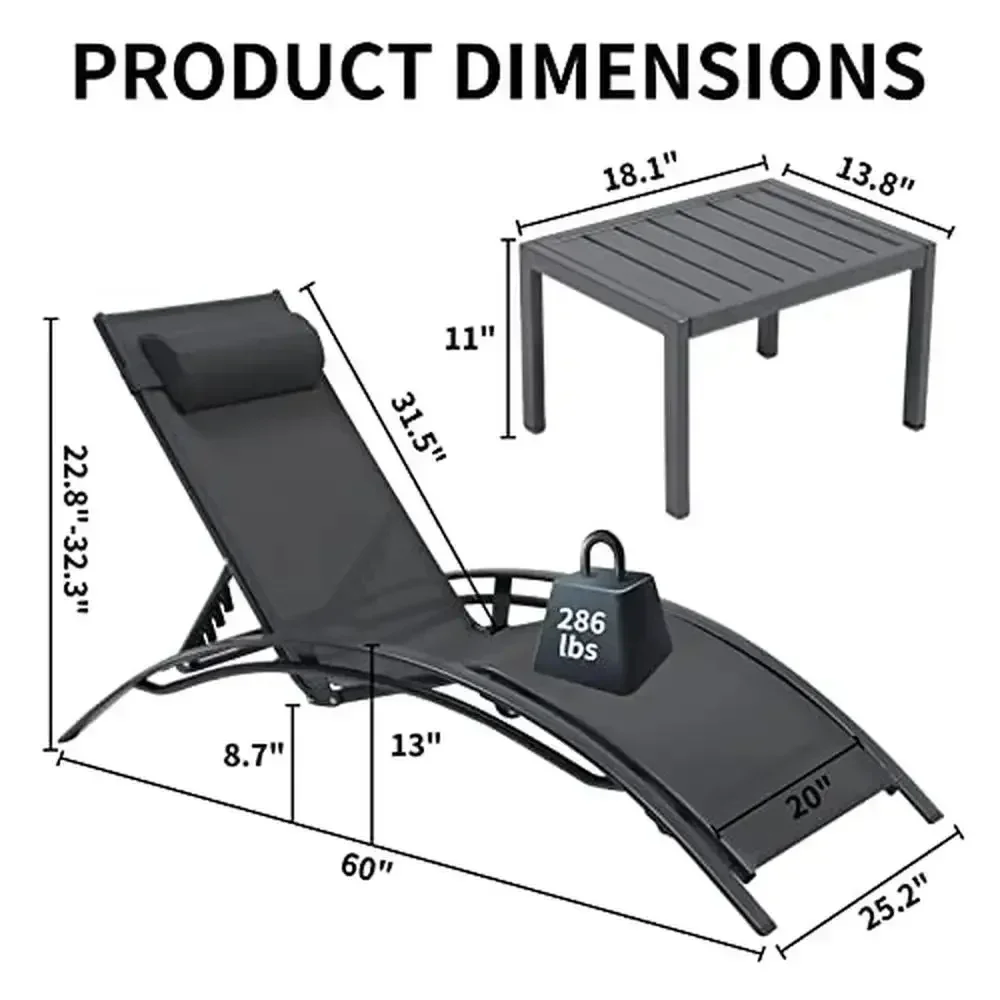 Aluminum Outdoor Chaise Lounge Set Textilene Sunbathing Chairs with Armrest & Headrest Pool Tanning Lounger Kit 5-Position