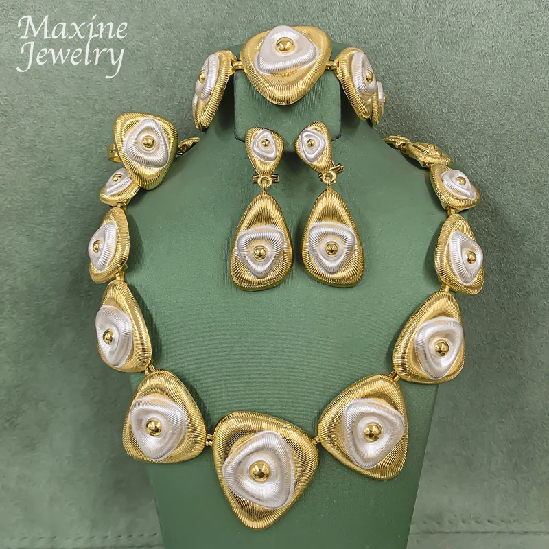 Two Tones Geometric Exaggerated Chunky Choker Jewelry Set Collar Necklace Earrings Bracelet Ring Bridal Wedding Party Gifts