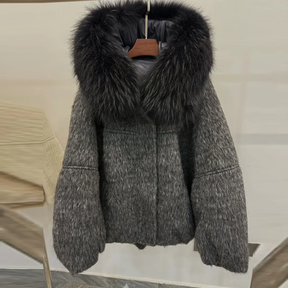 2025, neuer Damen-Wollmantel mit Thiened Ort-Down-Jacet-Pelzkragen, warm, lässig, normal geschnitten, weiße Gänsedaunenfüllung