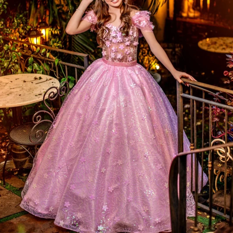 

Simple Shiny Pink Quinceanera Dresses Off the Shoulder Glitter Crystal Flower Decal Long tail Vestido De 15 Quinceanera Customiz
