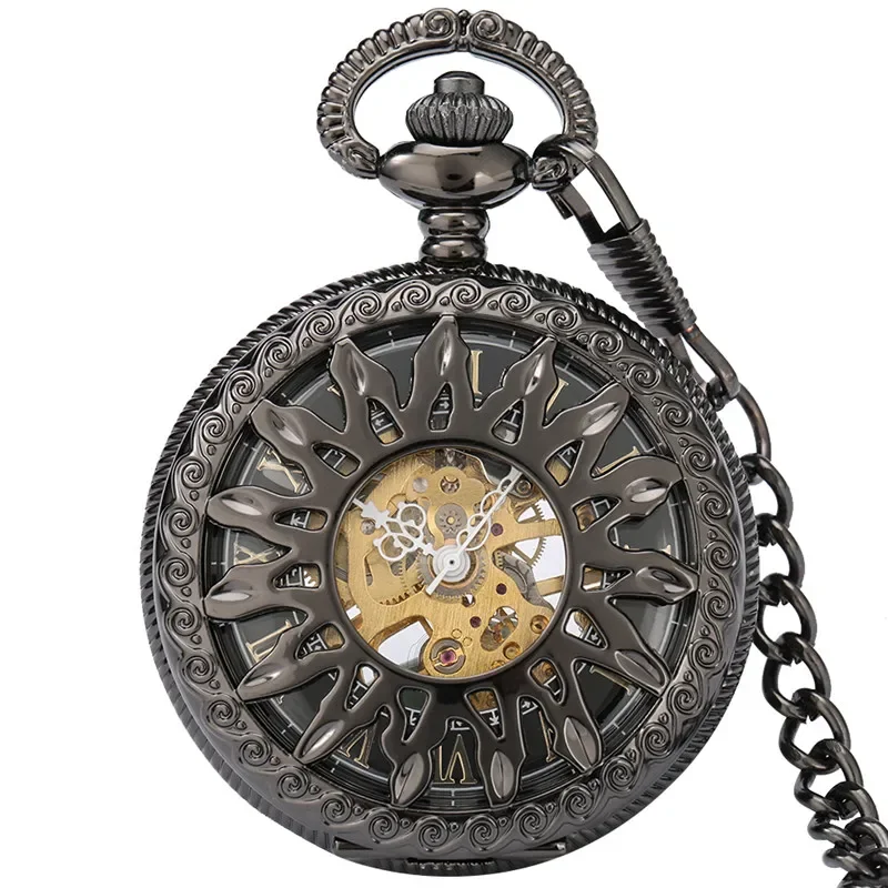 Antique Hollow Sun Flower Black Hand Winding Mechanical Watch Pocket Watches Roman Numerals Chain Pendant Clock Relgio de bolso