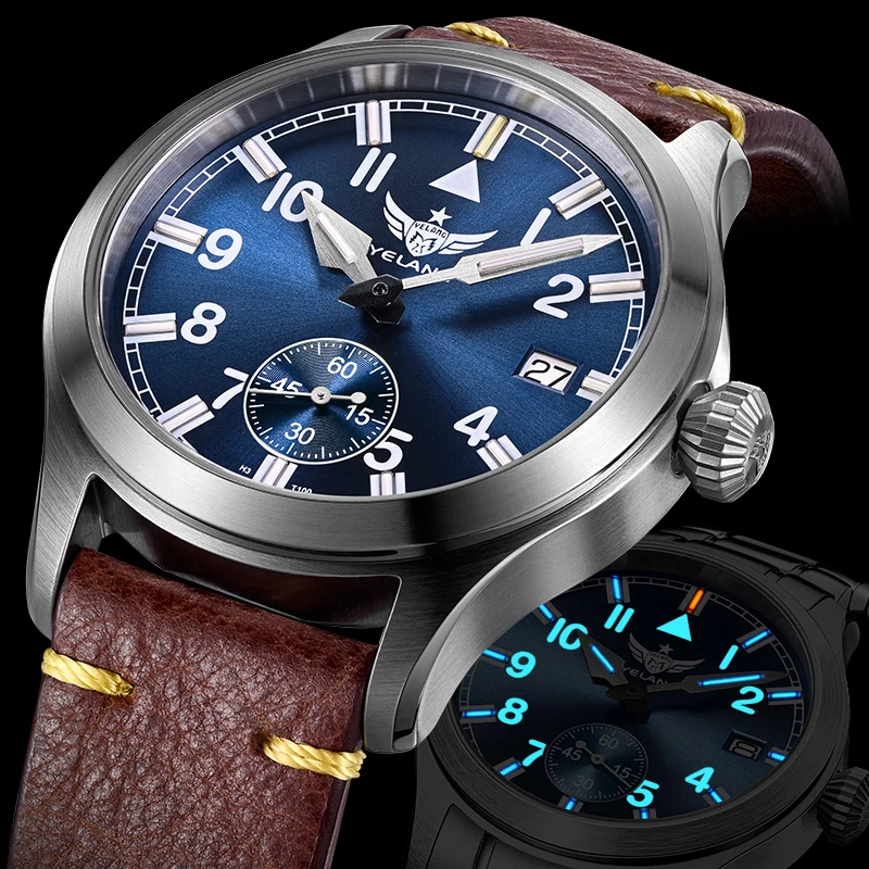 Reloj piloto YELANG para hombre, reloj de pulsera deportivo militar de cuarzo de 42MM, tubos luminosos, resistente al agua hasta 10ATM, segunda esfera de zafiro