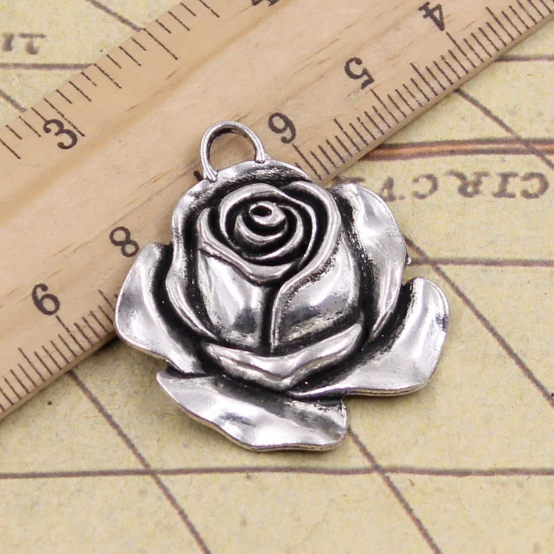 6pcs Charms Rose Flower 36x33mm Antique Bronze Silver Color Pendants Making DIY Handmade Tibetan Finding Jewelry For Bracelet