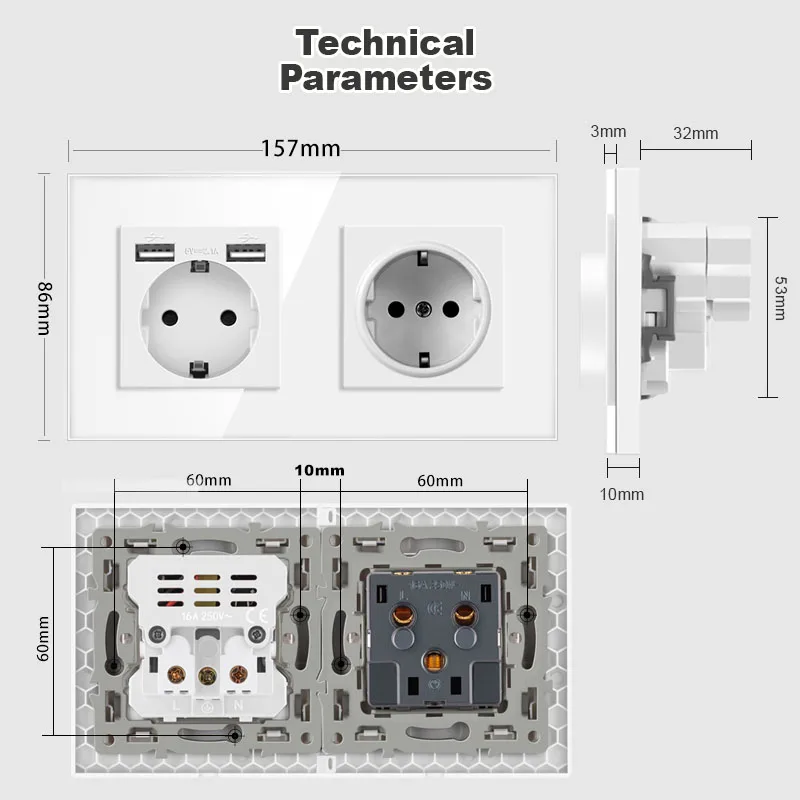 NYWP wall-mounted glass panel 16A power socket, EU standard multi-plug, with 2 USB charging ports, With waterproof cover