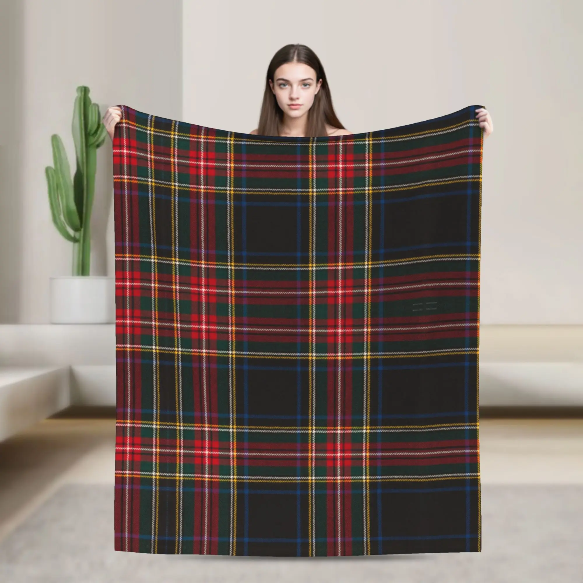 Plaid Stewart Black Tartan Blanket Flannel Decoration  Portable Lightweight Thin Throw Blanket for Bed Bedroom Rug Piece