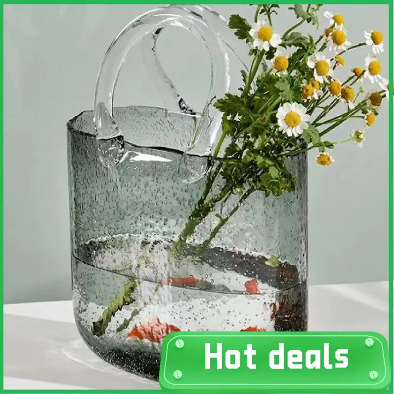 

AC62-Nordic Glass Fish Tank Glass Vase Transparent Bag Hydroponic Flower Arrangement Vase Table Decoration Handbag Glass Vase Du