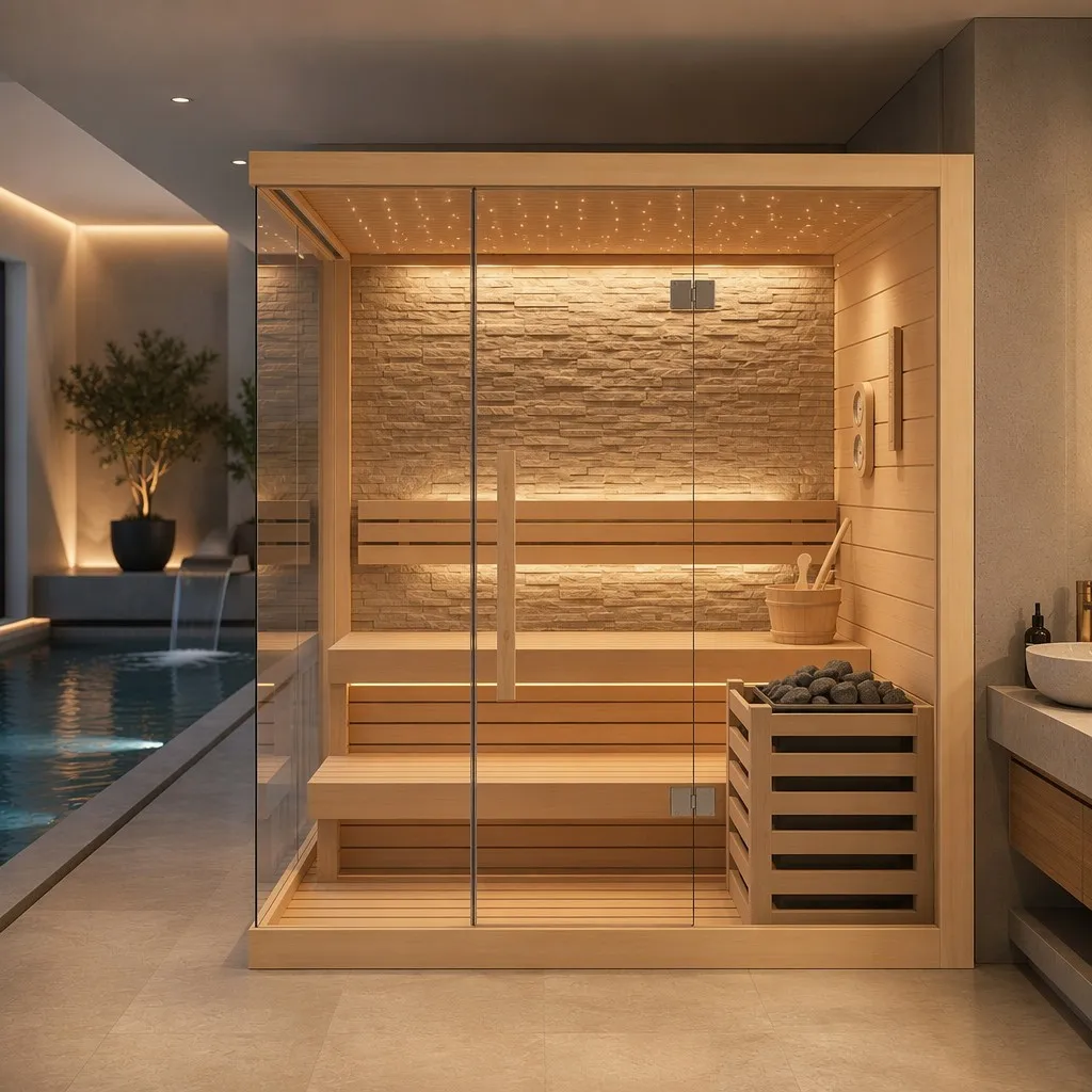 Premium Indoor Traditional Sauna Room Full Glass Sauna Cabin 3-4 Person With Electric Heater And Stones For Luxury Home Wellness