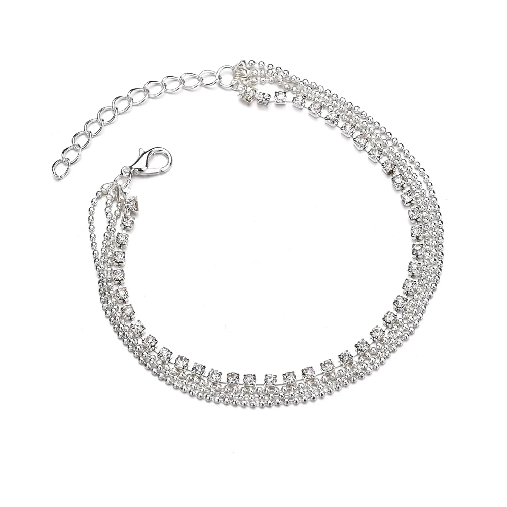 Silver Color Crystal Zircon 3 Rows Beads Anklet for Women New Fashion Chain Multilayer Rhinestones Foot Crystal Jewelry
