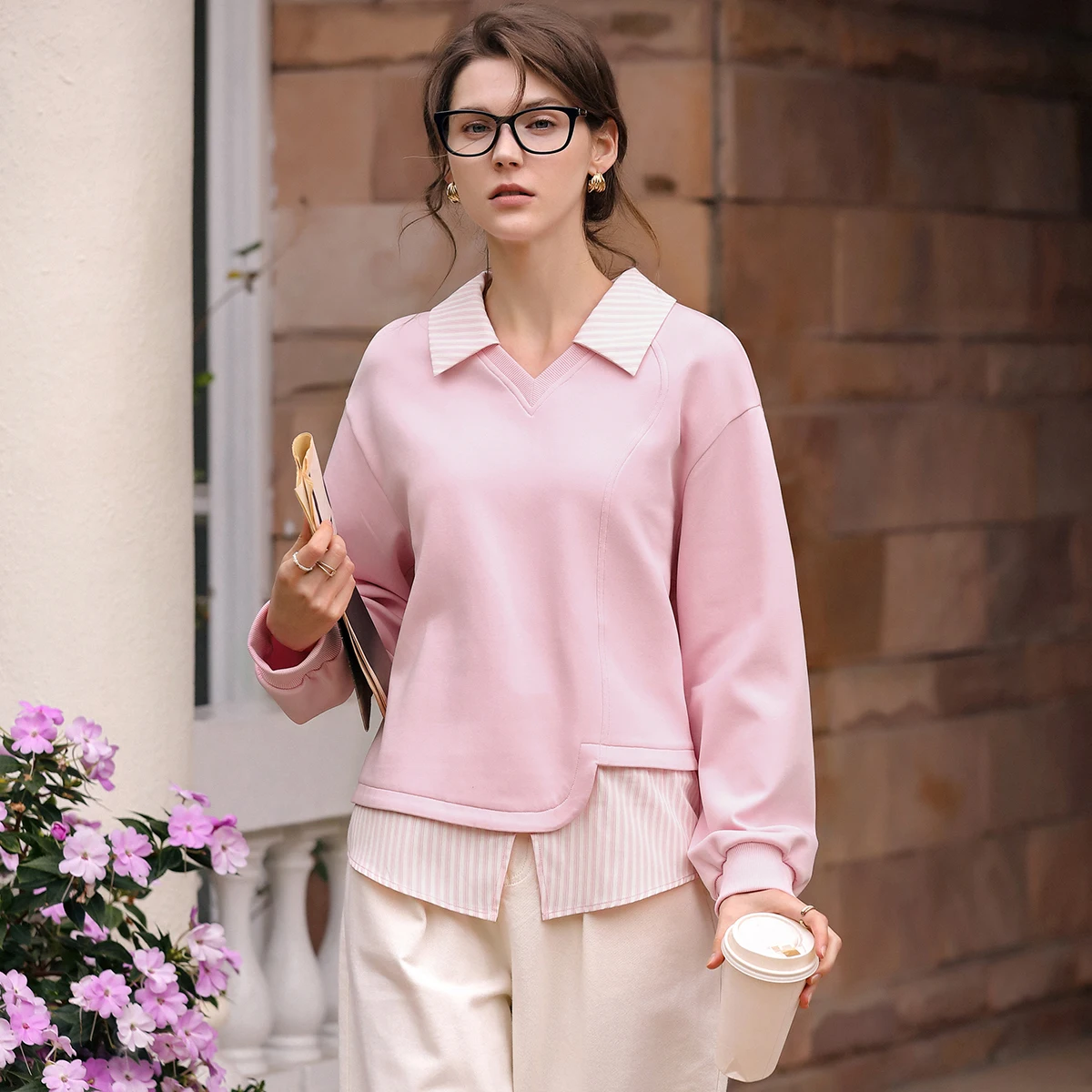 OLrain Women Long Sleeve Sweater 2025 Spring Summer Fads  V-neck Spliced Lapel Fake Two-piece Loose Pullover Tops O24CR90009