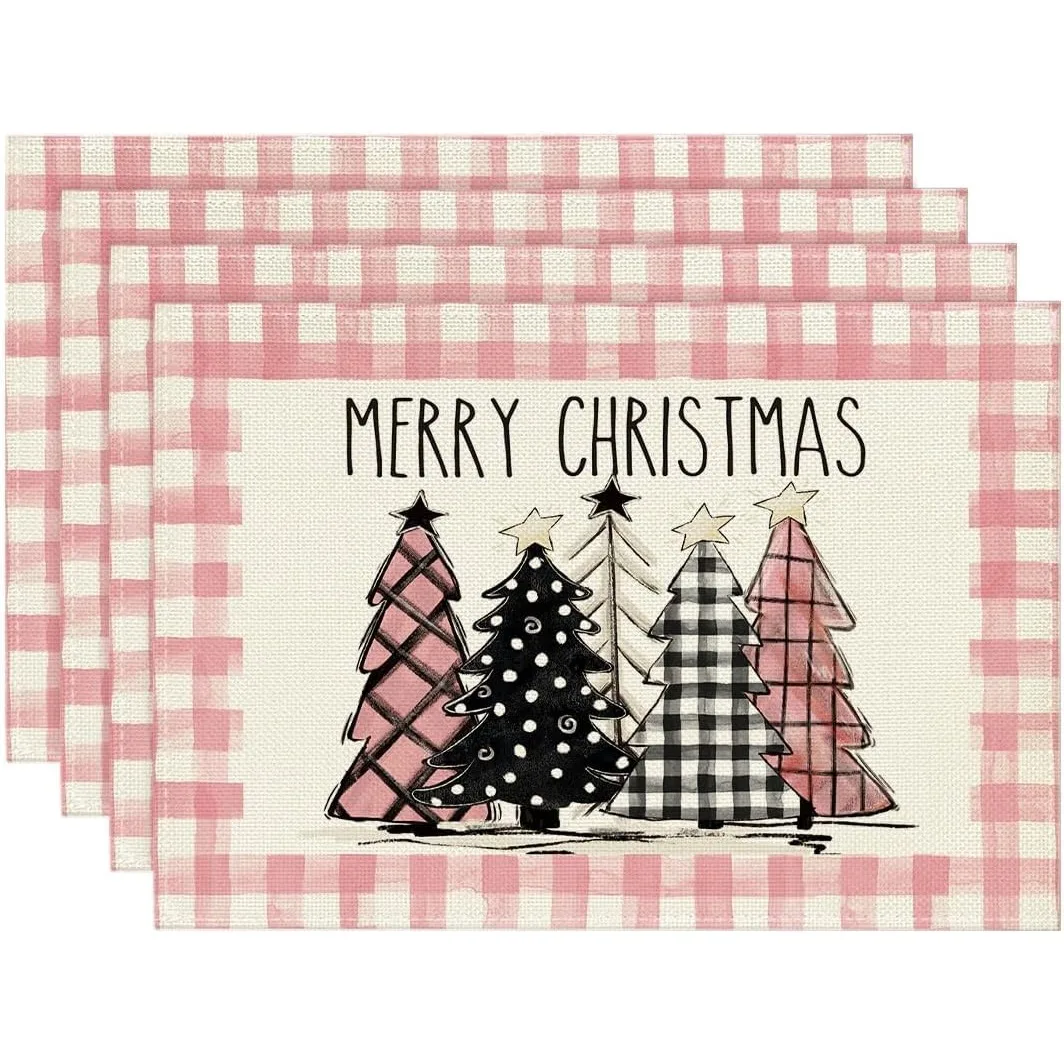 Waterclor Pink Buffalo Plaid Christmas Trees Placemats Set of 4 12x18 Inch Winter Table Mats for Home Party Kitchen Dining Decor