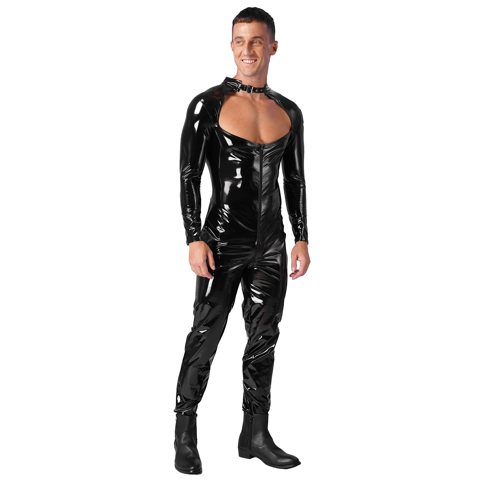 

Exotic Mens Jumpsuit Glossy Wetlook Patent Leather Bodysuit Swimsuit Underwear Long Sleeve Cut Out Zipper Crotch Leotard Catsuit