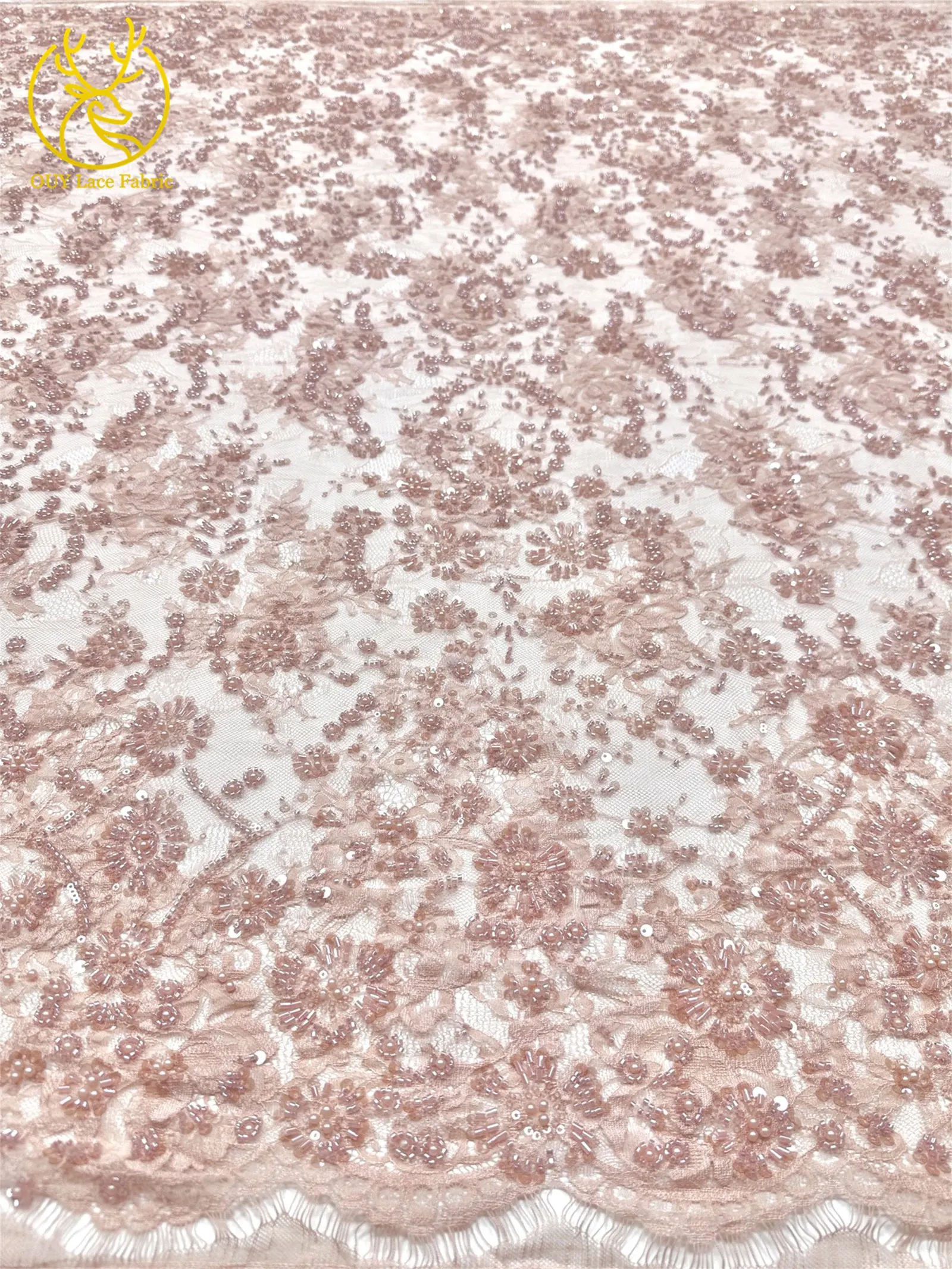 3 Meter exquisiter Perlen-Spitzenstoff, afrikanischer Spitzenstoff mit Pailletten und verstreuten Blumenstickereien zum Nähen von Brautkleidern – Detail 8