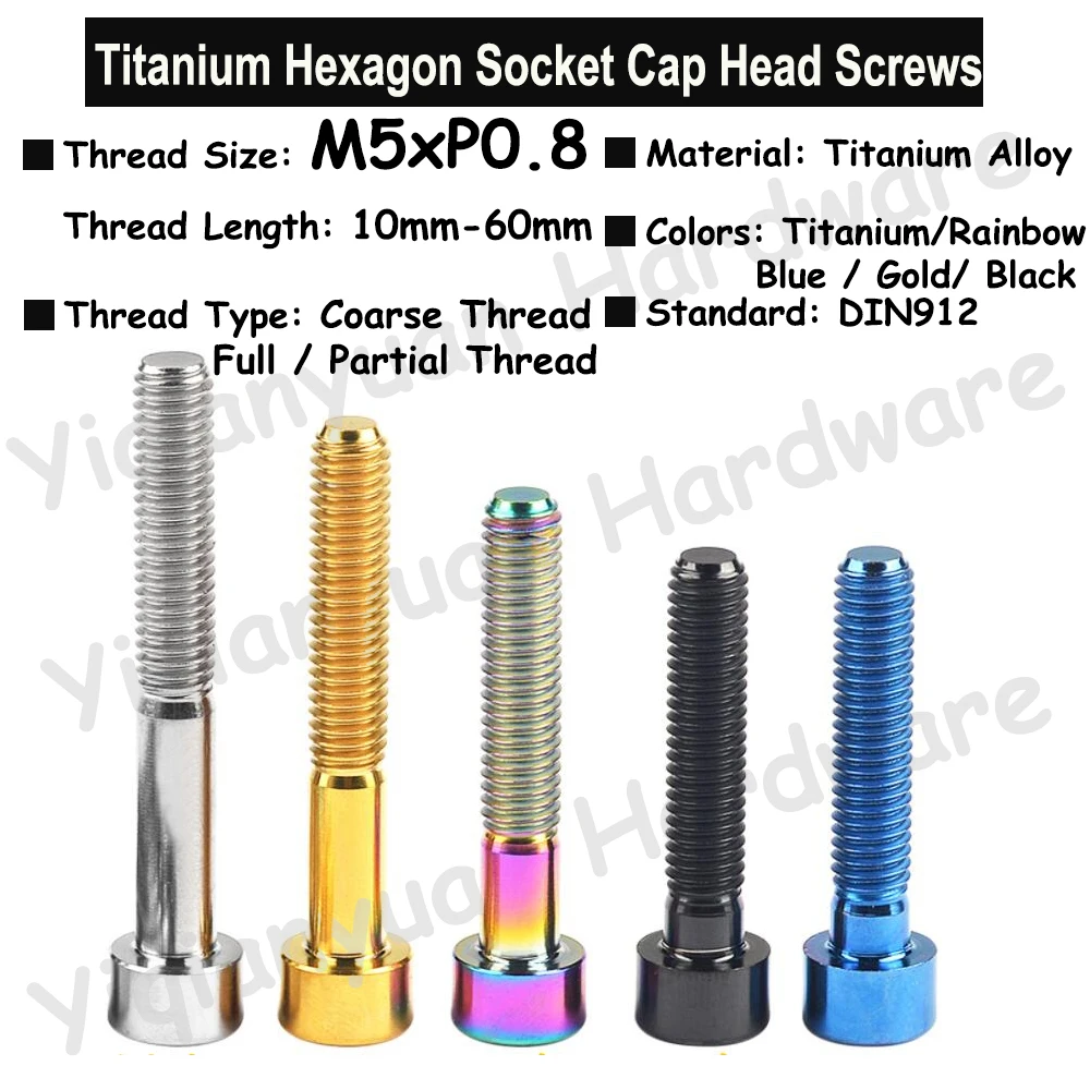 

1Piece M5xP0.8 DIN912 Colourful Titanium Hexagon Socket Cap Head Screws Allen Key Screws with Coarse Thread 5 Colors