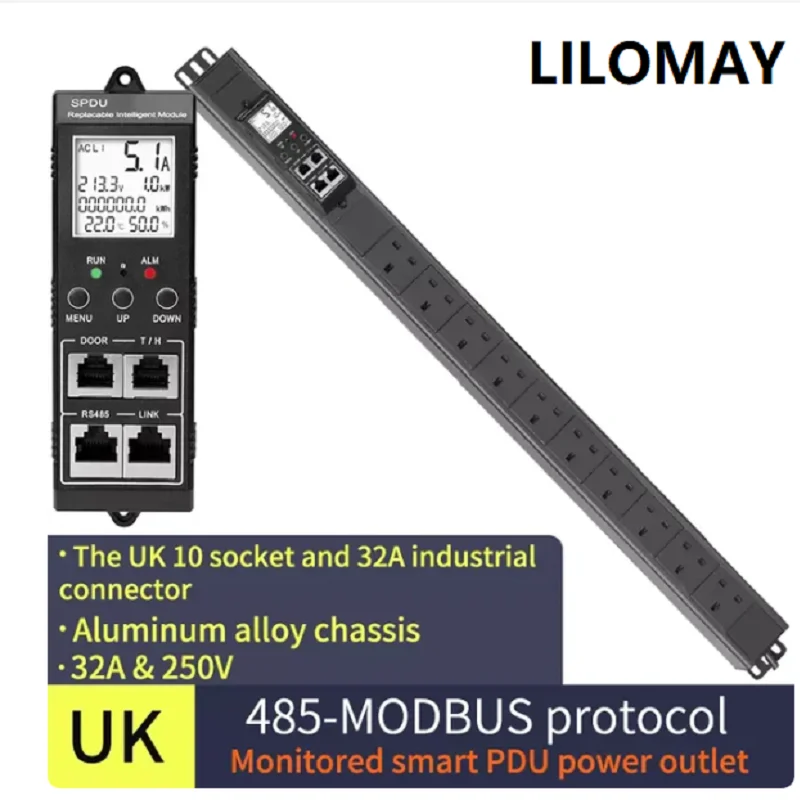 

485 Modbus Smart PDU 1.5U Intelligent Monitoring Type PDU Power Socket 10-bit UK Socket 32A Input Vertical Installation