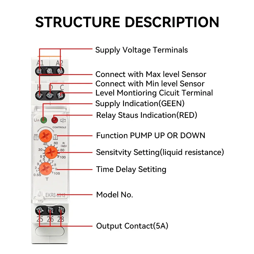 ETEK Floatless Water Level Relay Switch Electronic Type 3 Knob Working Voltage 24-240VAC/DC 0.5S-10S Delay EKR8-6312